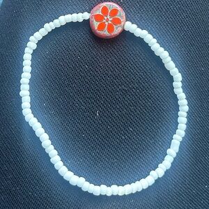 White Beaded Anklet with Red Floral Accent
